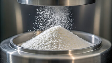 Pharma powder production line with fine white granules falling into stainless steel container for precise manufacturing process control