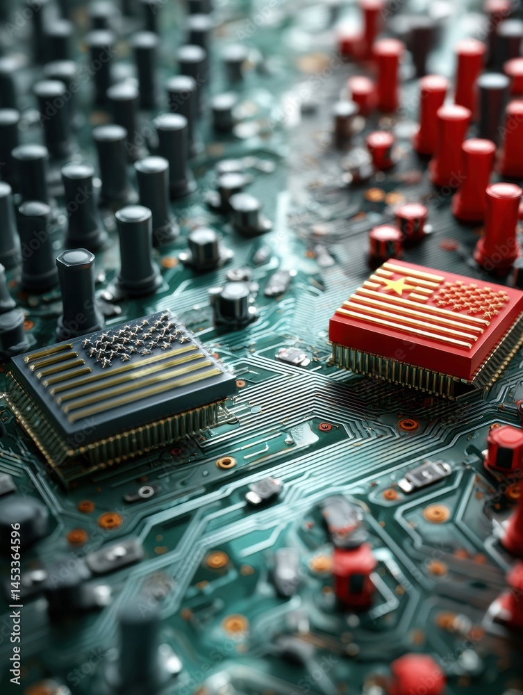 Poster microchip duel on a circuit board highlighting american and chinese technology advancements in elect