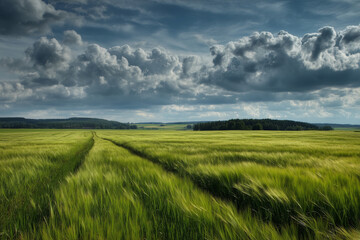 Stormy Clouds Over a Vast Green Field with Tire Tracks