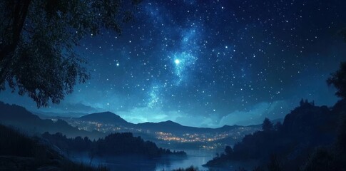 Gazing At Night sky over the Lake and Glowing City, a dreamy concept theme.