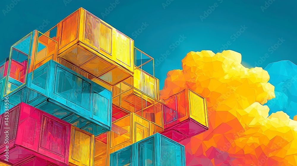 Poster abstract digital composition of layered containers transforming into data blocks, representing innov