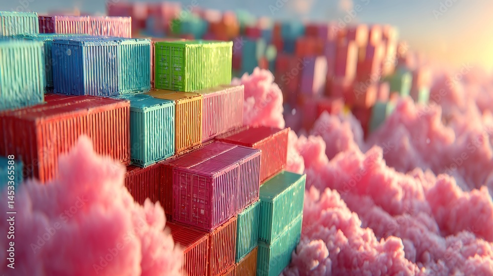 Poster abstract digital composition of stacked containers transforming into data blocks, representing innov