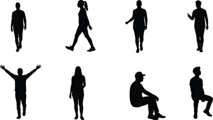 Human silhouettes in various poses walking standing and sitting vector illustration for design and creative projects 