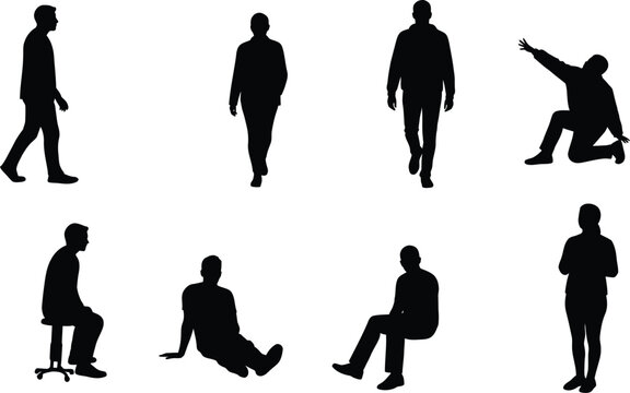 Human silhouette figures in various walking and sitting poses vector illustration for lifestyle and leisure activities 
