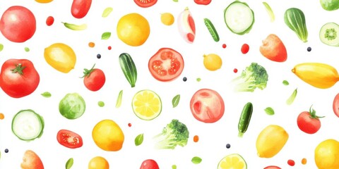 Watercolor Vegetables And Fruits Pattern, Healthy Foods And Colorful Harvest