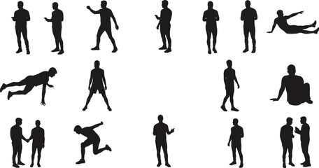 Silhouettes of diverse people in various action poses and stances on white background vector illustration 