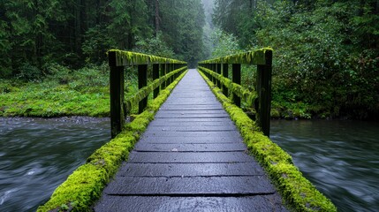 Obraz premium Serene Wooden Bridge Surrounded by Lush Green Forest and Water