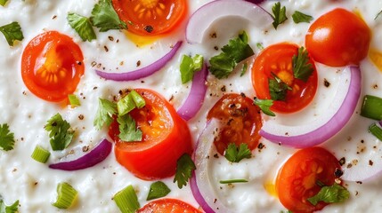 Closeup yogurt dish with tomatoes and onions