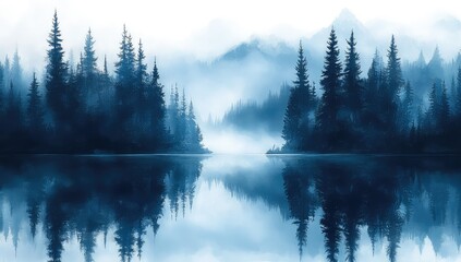 Misty Lake with Mountains, and Forest Reflection.