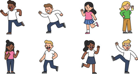 Naklejka premium Diverse children running and walking with happy expressions in casual clothing vector illustration 