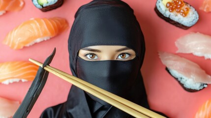 Ninja preparing sushi japanese cuisine food photography culinary art close-up view skillful craftsmanship