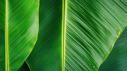Close-up of tropical green leaves with strong venation and vibrant col