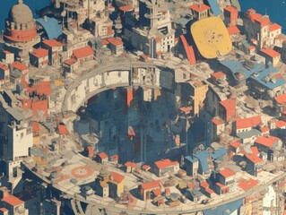 Obraz premium Circular city with a large hole in the center with intricate architecture