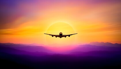 Airplane silhouette flies before a vibrant sunset over a mountain range