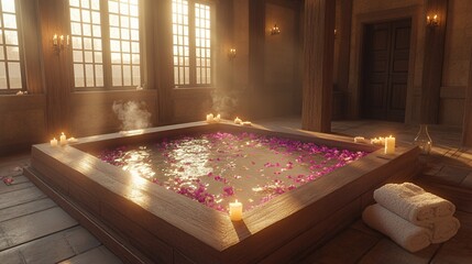 Fototapeta premium Luxurious bathroom with a wooden hot tub surrounded by candles and rose petals.