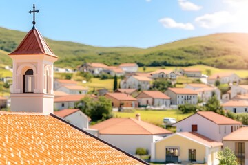 Naklejka premium Church steeple orange roof against backdrop of village houses nestled in rolling green hills under a sunny sky