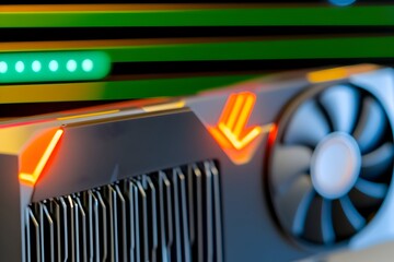 Close-up of a graphics card with illuminated accents and a cooling fan  The card rests against a background of green an