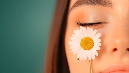 Close-up of a woman's face with eyes closed, a daisy resting gently against her cheek