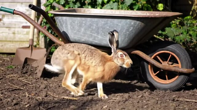 A brown rabbit scurrying across a garden with a wheelbarrow in the background on a sunny day - belgian hare