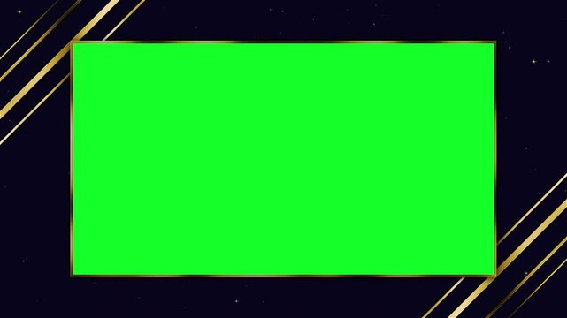 Green screen framed with gold against dark blue background. Perfect for virtual sets, video editing, chroma keying for special effects.