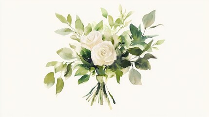 Watercolor Bouquet of White Roses and Greenery