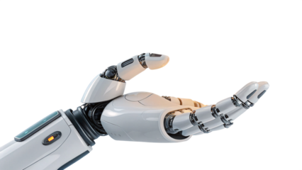 Hyper-realistic humanoid robot hand holding position in transparent background
