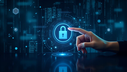 Hand touching a digital padlock on a futuristic screen
