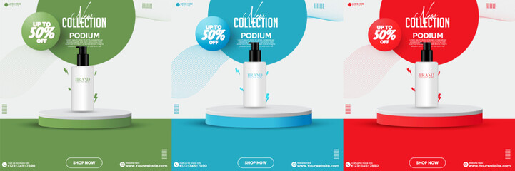 The promotional product sale podium design collection vectors are green, blue, and red. This is a set of social media podium post design vectors. Multicolored empty promotional podium design vector.