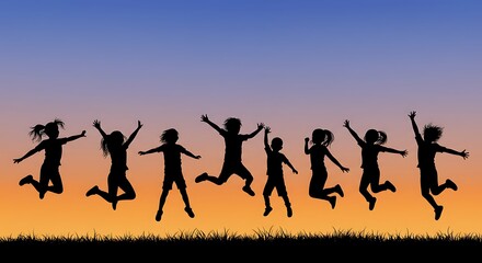 Sunset Silhouettes: Joyful Children's Leap AI Generated