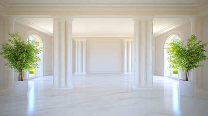 Fototapeta premium Sunlit, grand hall with marble floors, white columns, arched windows, and potted plants
