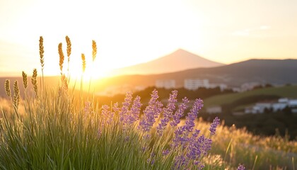 Sunset illuminates lavender and grasses before distant hills and city