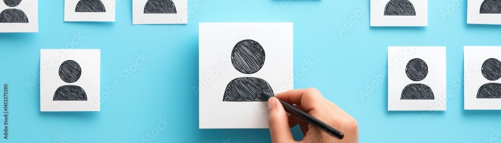 Fototapete a hand draws a sketch of a person on a card against a blue background, surrounded by similar sketche
