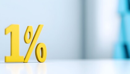 A bright yellow 1% symbol sits on a reflective surface against a muted blue and white background