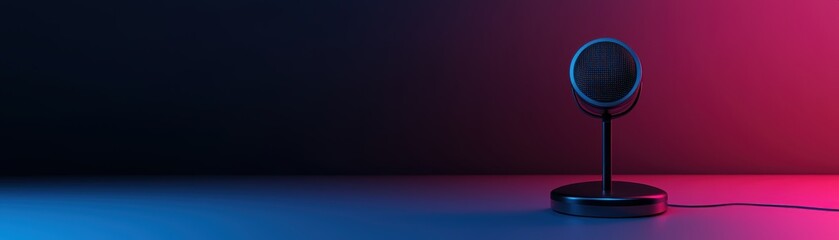 A modern microphone sits on a sleek surface, illuminated by vibrant blue and pink lighting, creating a dynamic and artistic atmosphere, AI Workplace with blank space for text