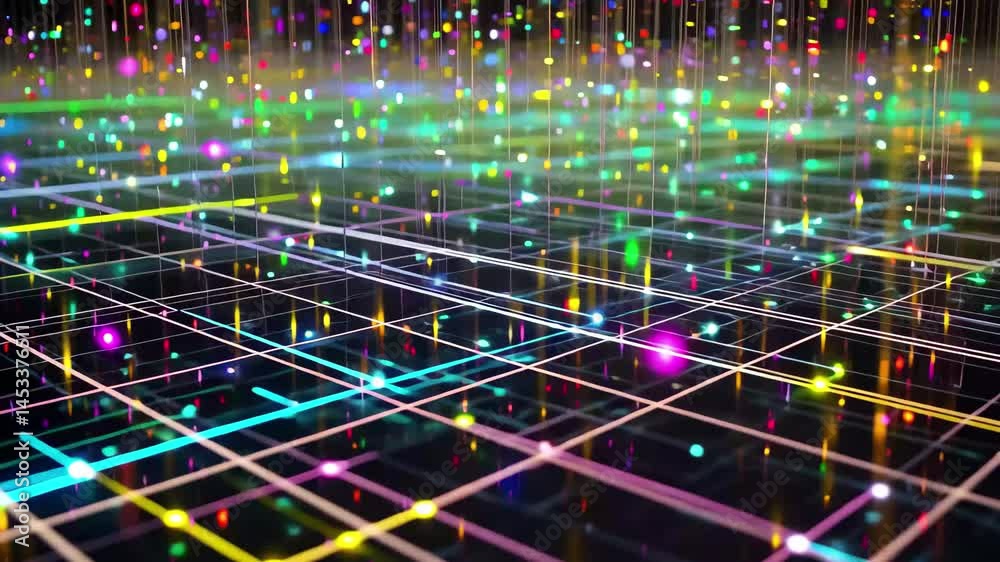  digital data processing visualized through a colorful network of connections and points of light in 