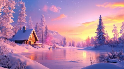 A serene winter landscape with a cozy cabin by a frozen lake, lit by the fading light of sunset, casting a peaceful glow on the snowy surroundings