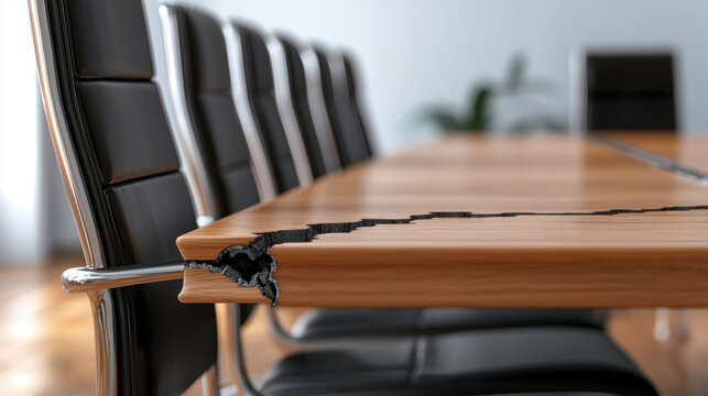 Wooden conference table with dramatic crack running through it symbolizes division and tension