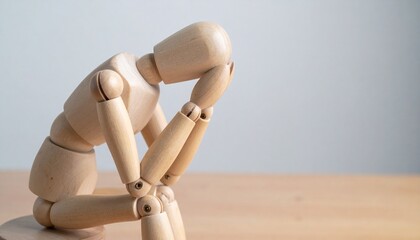 wooden mannequin sitting in a thoughtful pose, head in hands, conveying feelings of sadness, contemplation, or worry