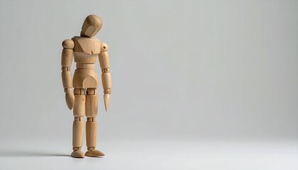 A wooden mannequin posture with bowed head, expressing sadness, with copy space 
