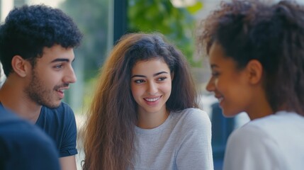 Fototapeta premium Smiling, diverse young adults enjoy conversation, connection, and frie