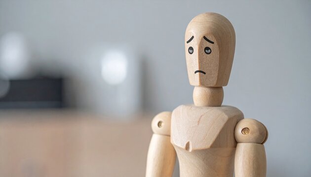 wooden mannequin figure with a sad and downcast expression, conveying a sense of sadness, loneliness, or introspection. The neutral background enhances the focus on the figure's emotional state - Powered by Adobe
