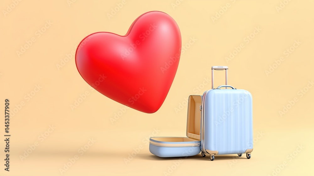Aufkleber 3D heart icon floating above open minimalist suitcase on beige background, clean lines and soft pastel tones in simple 2D illustration with professional studio lighting, sharp focus and high-resolutio