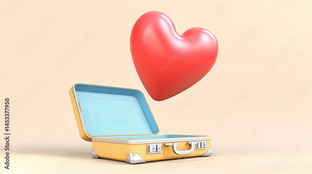 Poster 3D heart icon floating above open minimalist suitcase on beige background, clean lines and soft pastel tones in simple 2D illustration with professional studio lighting, sharp focus and high-resolutio