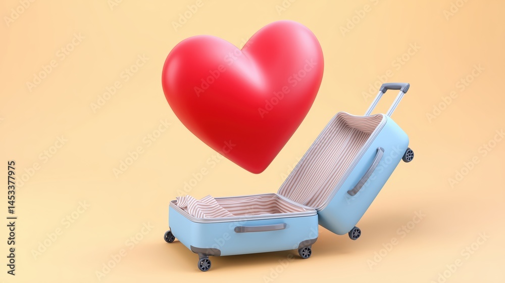 Poster 3D heart icon floating above open minimalist suitcase on beige background, clean lines and soft pastel tones in simple 2D illustration with professional studio lighting, sharp focus and high-resolutio