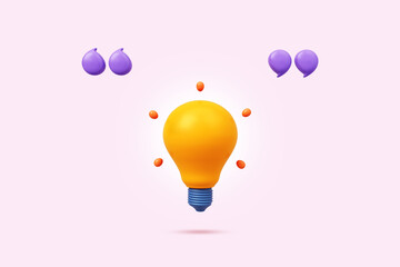 3d object Quotation marks and light bulb isolated on pink background. brainstorming creative idea or study learning education for school imagination pastel object. clipping path. 3D Illustration.