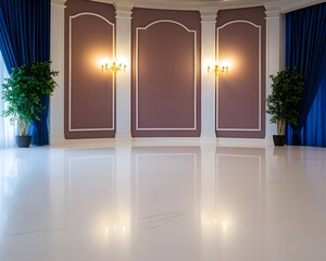 Elegant room with mauve paneled walls, blue curtains, polished floors, and wall sconces