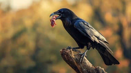 Obraz premium Raven Perched on a Branch with Meat in its Beak