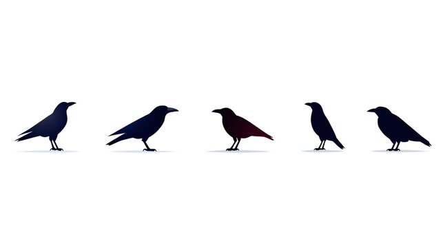Five stylized crow silhouettes in profile, varying slightly in pose and shading