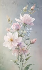 Obraz premium Delicate watercolor floral motif, pastel hues on blurred backdrop, beautiful, soft focus, blurred background