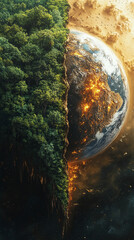 Split-image of Earth showing vivid green forests on one side and dry cracked desert on the other, symbolizing climate imbalance, environmental duality, and the urgent call for sustainability.

